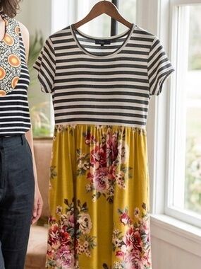 Striped Top Floral Yellow Babydoll Dress